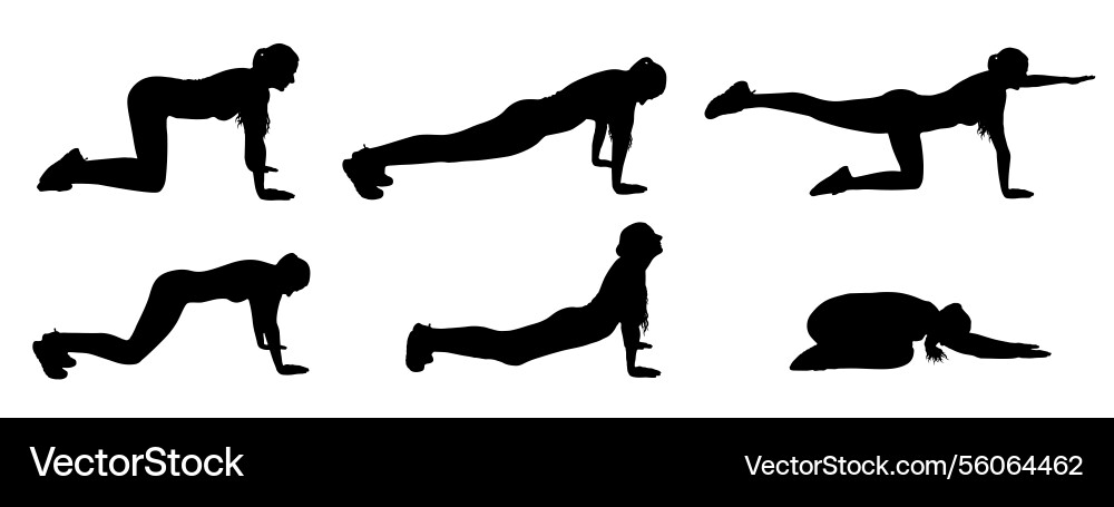 Silhouettes of a woman practicing various yoga Silhouettes of a woman practicing various yoga Vector Image