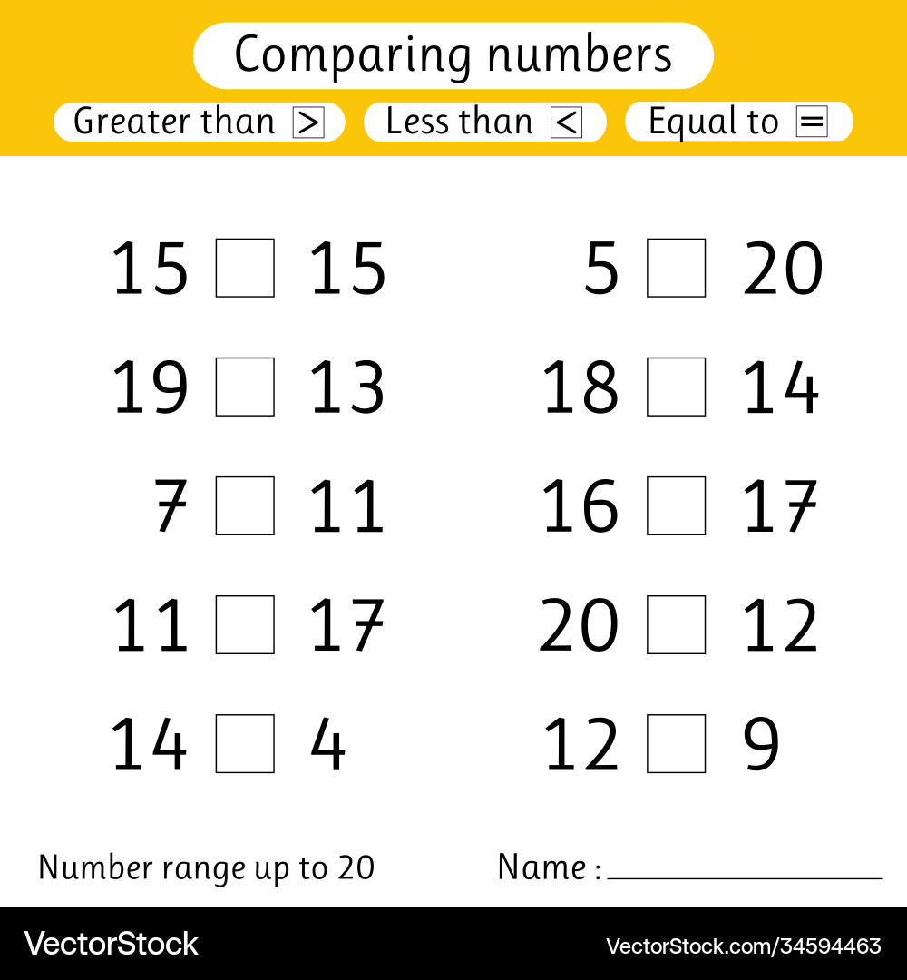 Comparing Numbers Worksheet - Less Than, Greater T Vector Image