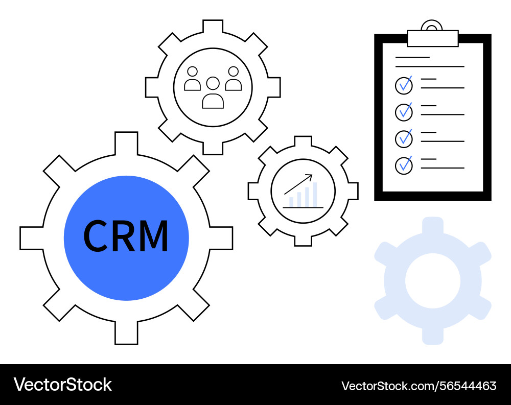 Crm gears with checklist highlighting workflow Crm gears with checklist highlighting workflow vector image
