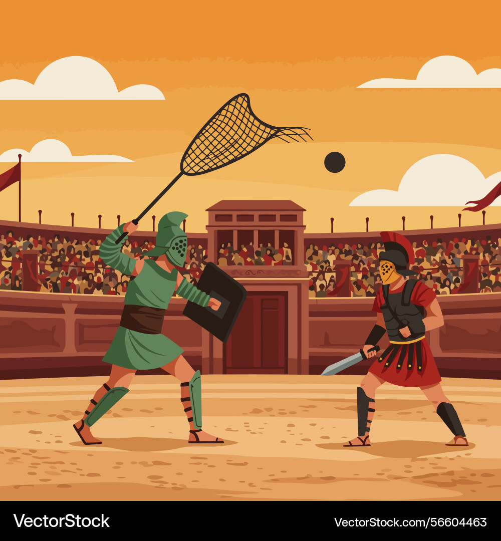 Gladiators fighting in arena with net and sword Gladiators fighting in arena with net and sword Vector Image