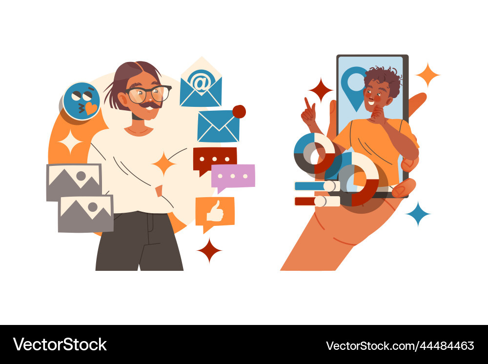 Smiling man character working with information Vector Image