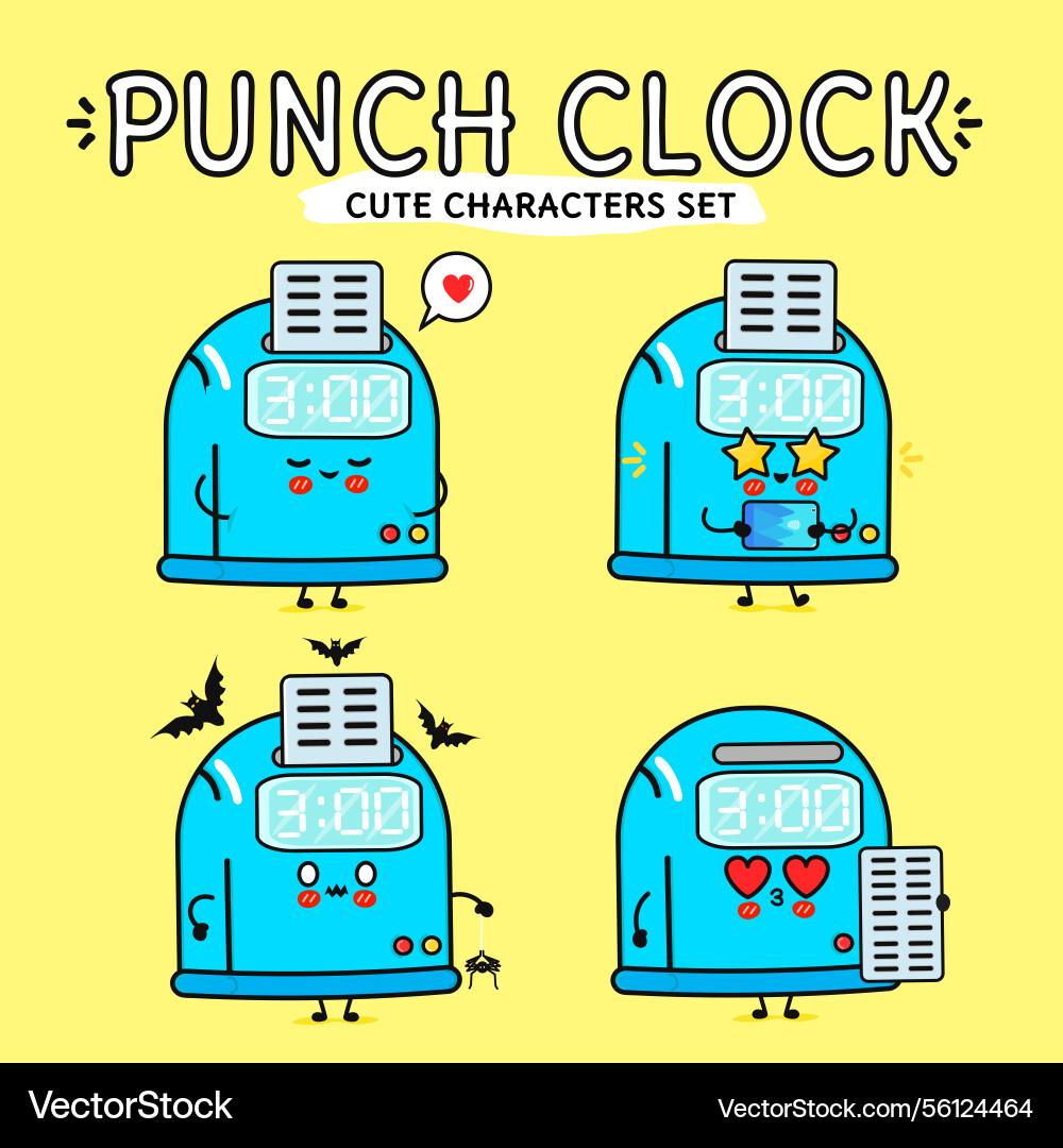 Cheerful punch clock characters express a range Vector Image