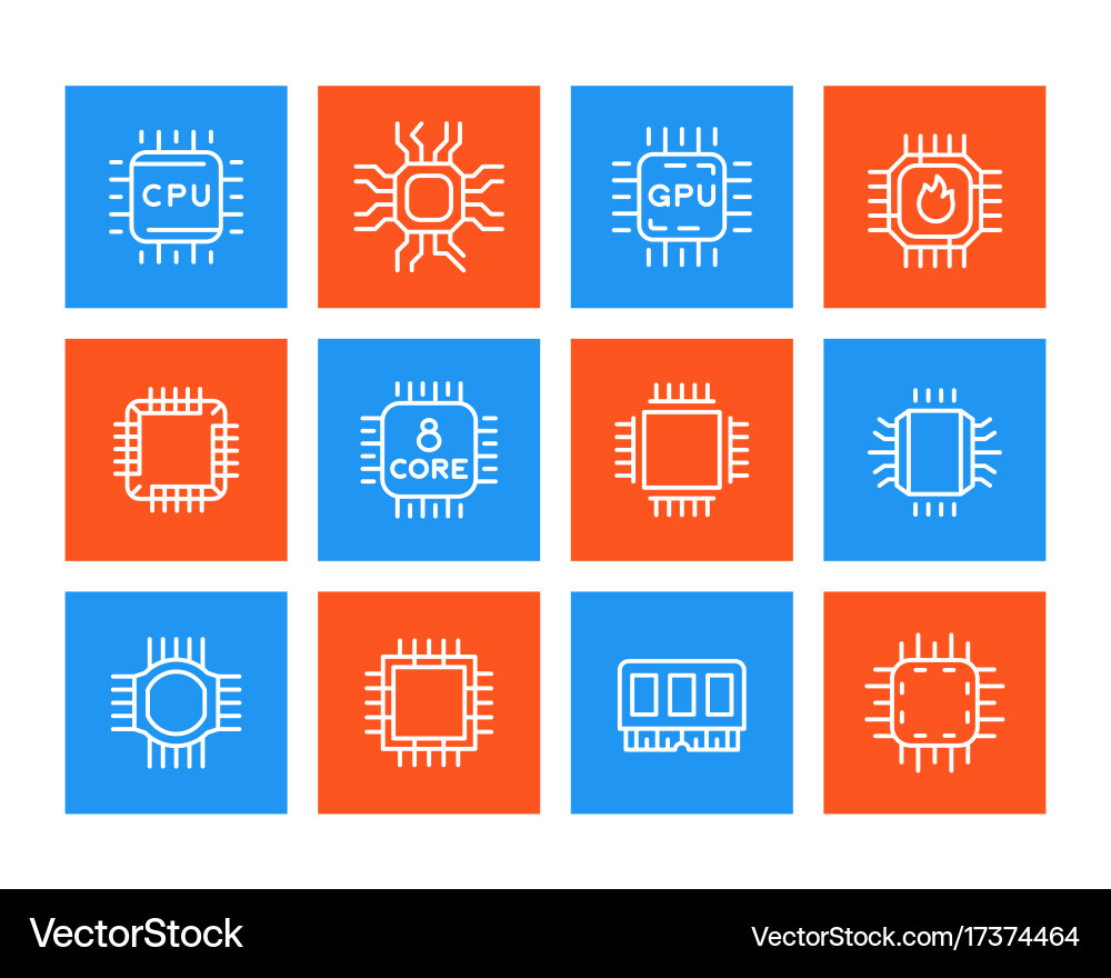 Chipset microchip cpu line icons set vector image