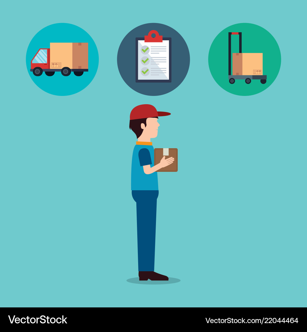 Delivery service worker character with set icons Delivery service worker character with set icons vector image