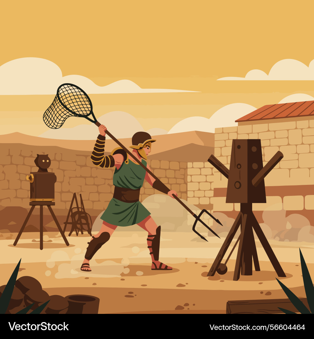 Gladiator training with net and trident in arena Vector Image