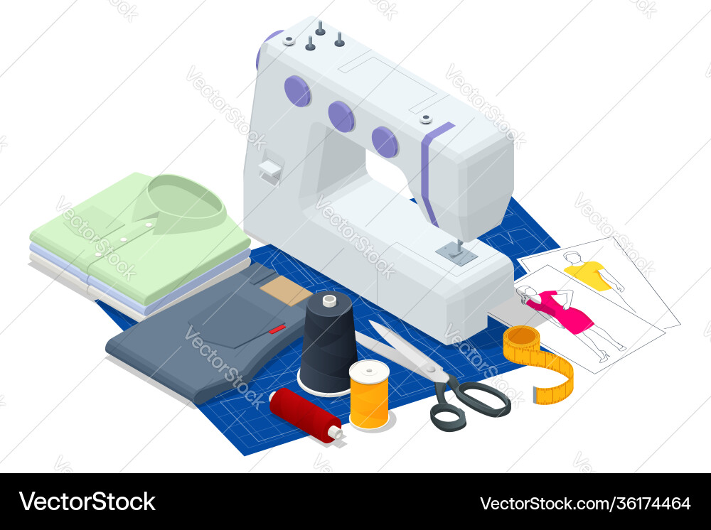 Isometric sewing workshop collection textile Isometric sewing workshop collection textile Vector Image