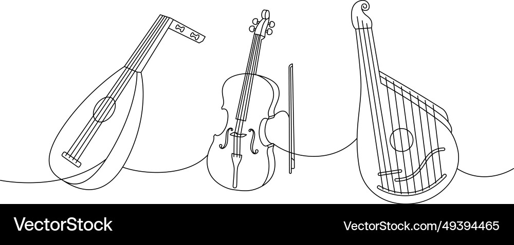 Musical instruments collection one line continuous Musical instruments collection one line continuous Vector Image