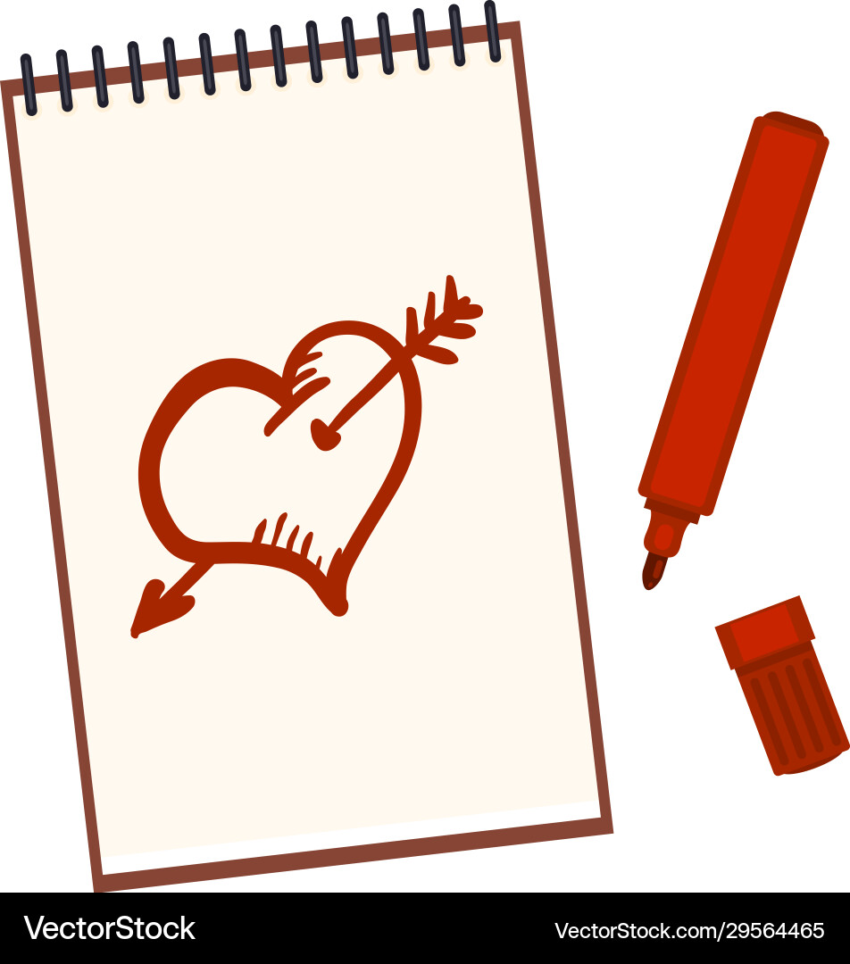 Notebook with red felt-tip pen and sketch Notebook with red felt-tip pen and sketch Vector Image