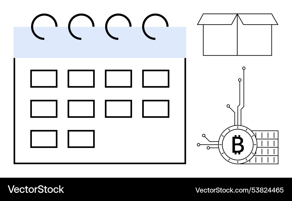 Simple calendar with bitcoin symbol and open box Simple calendar with bitcoin symbol and open box vector image