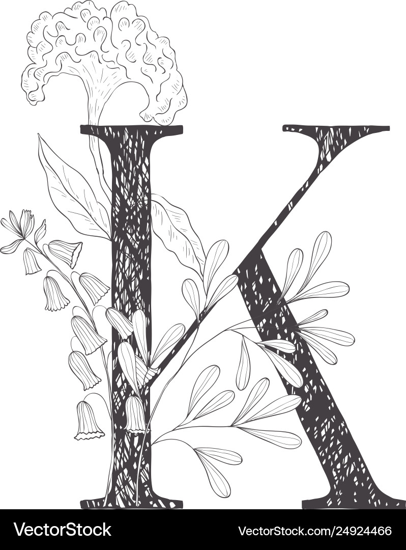 Floral botanical alphabet letter with plants Floral botanical alphabet letter with plants Vector Image