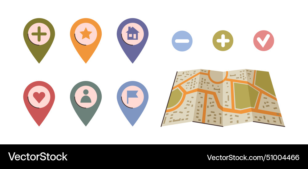 Paper map with navigation and destination markers Paper map with navigation and destination markers vector image