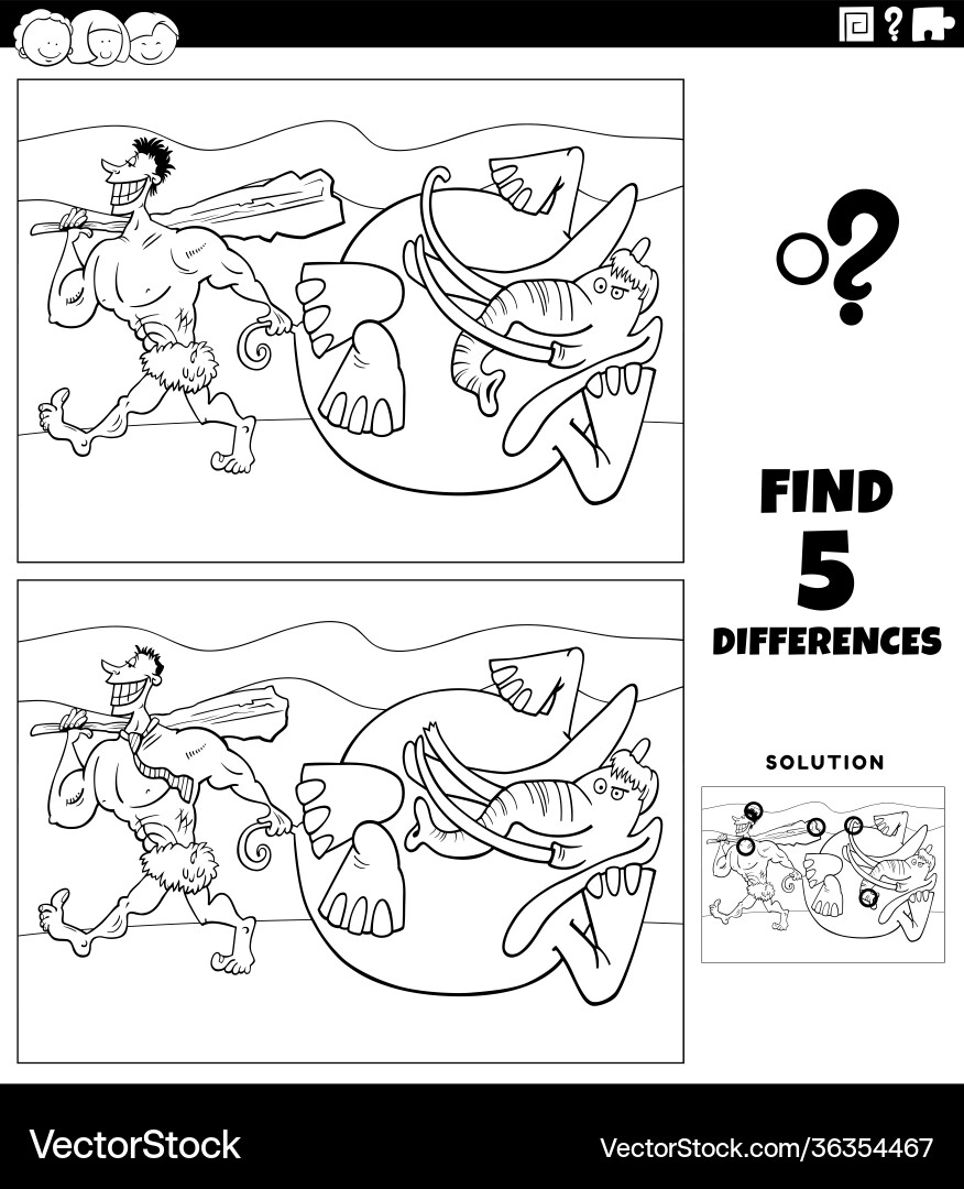 Differences game with caveman and mammoth Vector Image