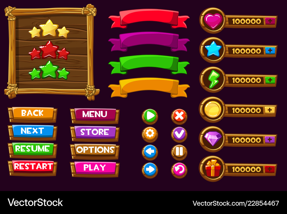 Game UI Menu Kit - Wooden Style vector image