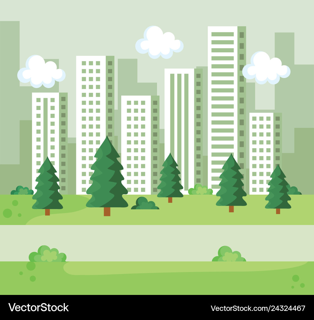 Park with pines trees and bushes building Vector Image