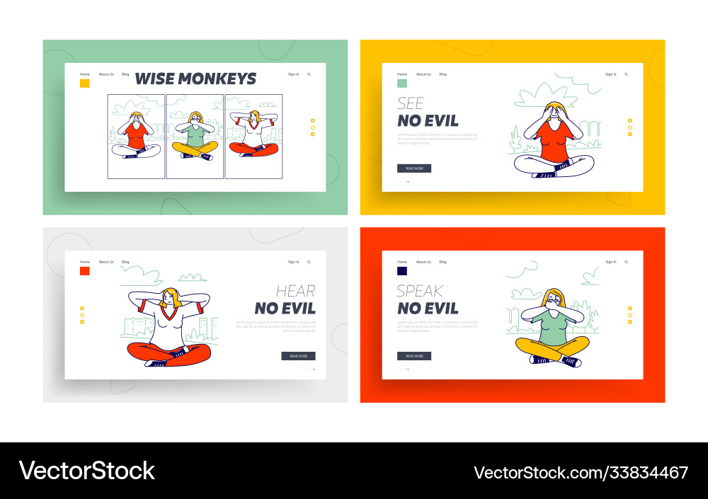 Three wise monkeys landing page template set Vector Image