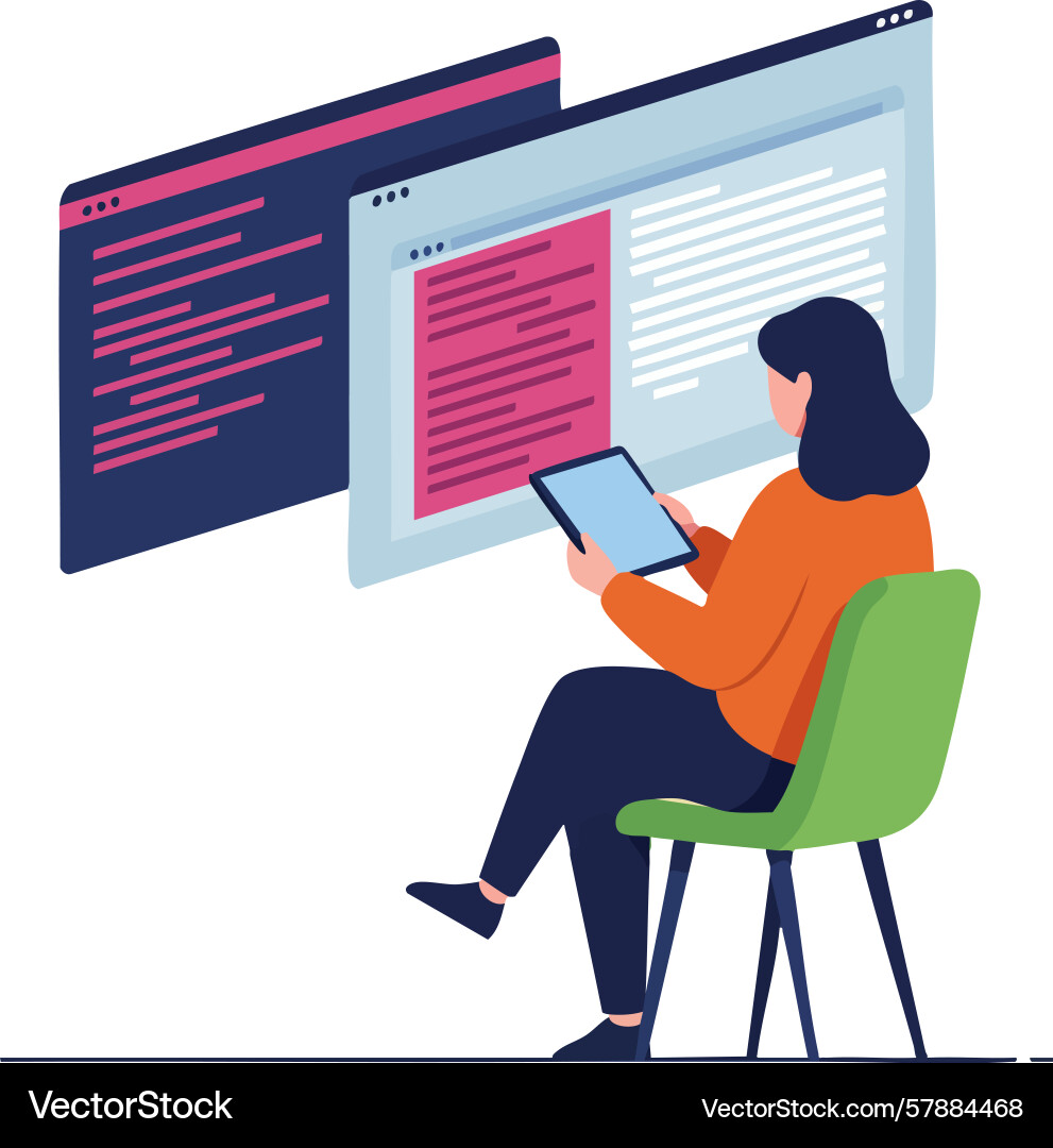 Frau arbeitet an der Computercodierung und Programmierung Vektorbild