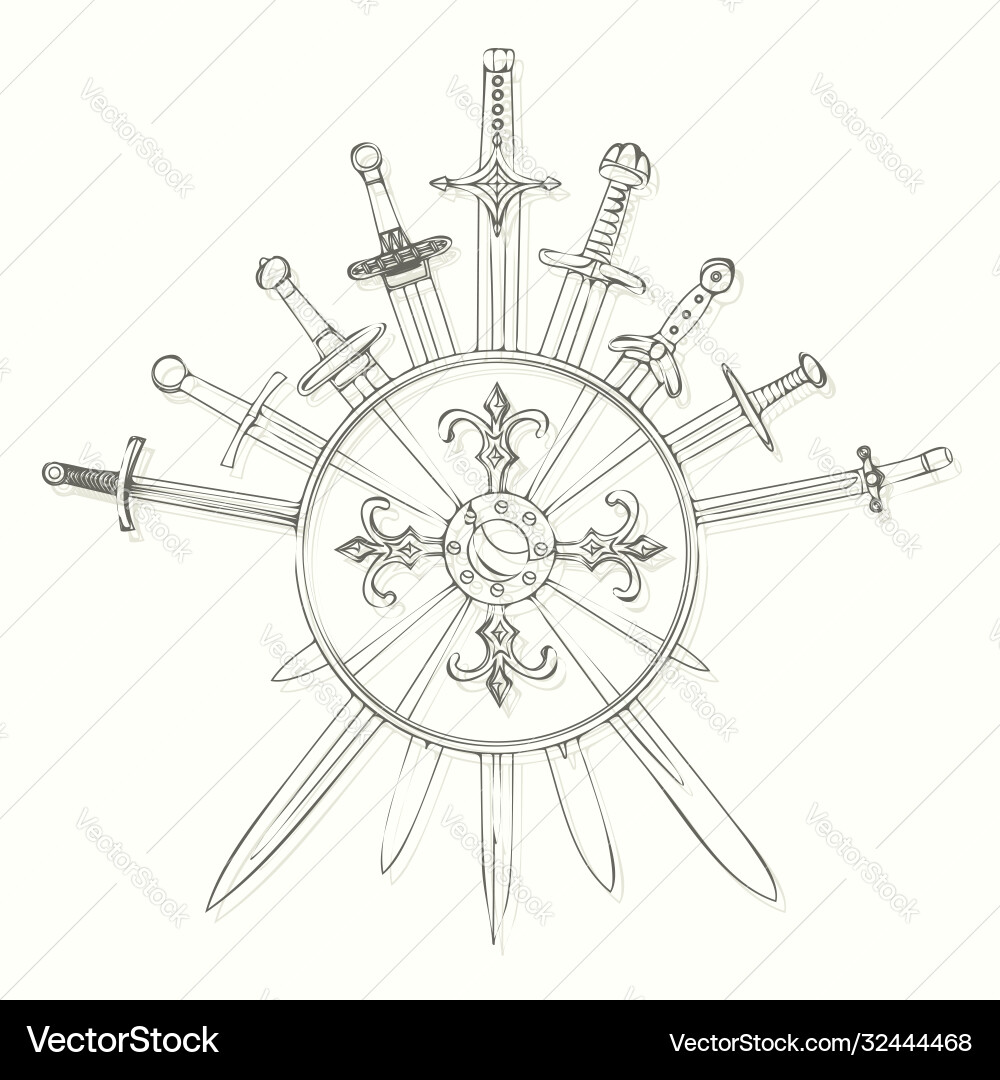 Swords cross crosswise and shields drawn in ink vector image