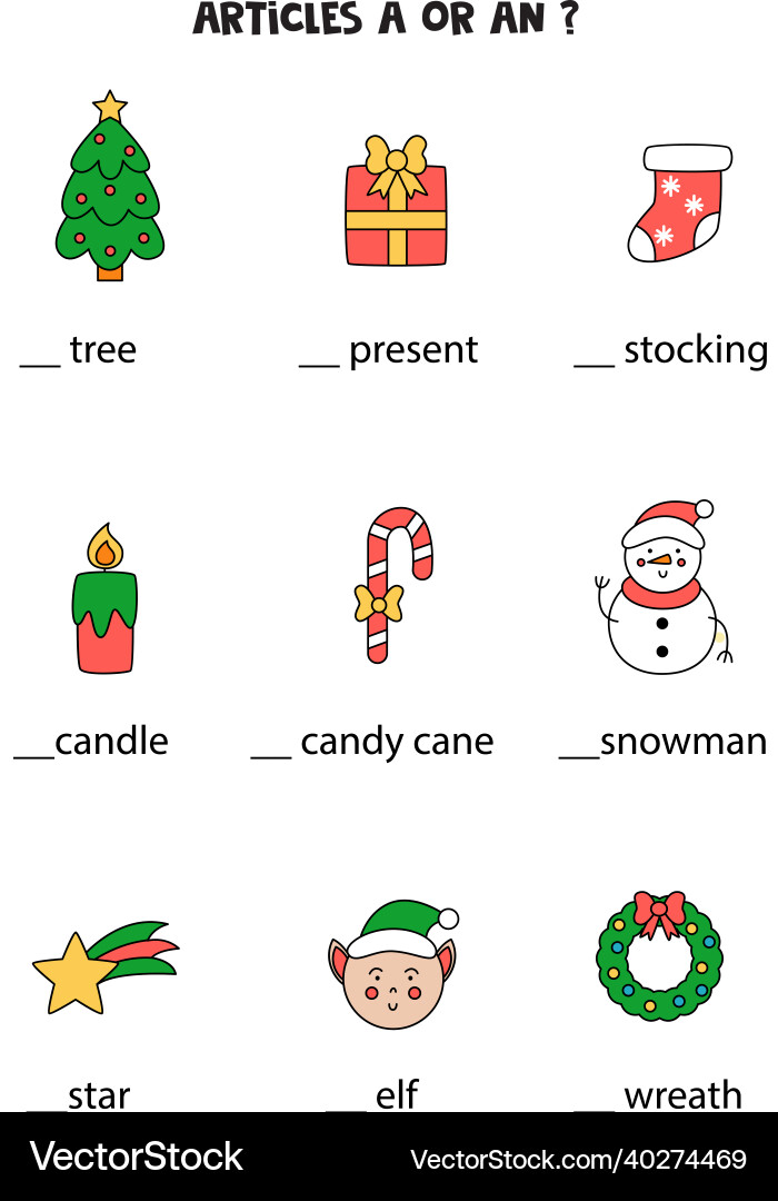 Articles a and an write the missing Vector Image