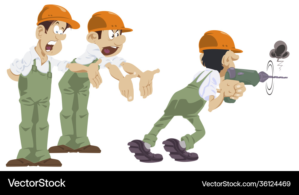 Funny little people cheerful builders Funny little people cheerful builders Vector Image