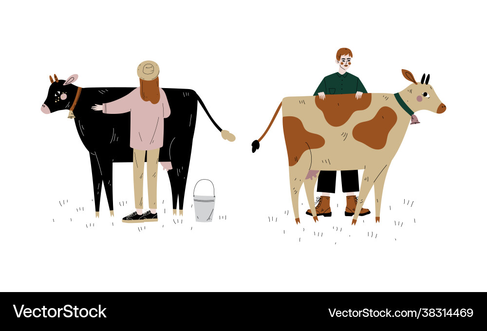 Mann und Frau Farmer stehen in der Nähe von Milch Kuh Mann und Frau Farmer stehen in der Nähe von Milch Kuh vektorbild