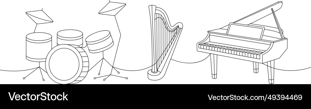 Musical instruments set one line continuous Musical instruments set one line continuous Vector Image