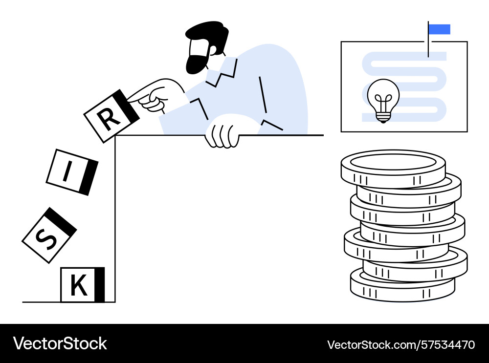 Man mitigating risk by replacing blocks near Man mitigating risk by replacing blocks near vector image