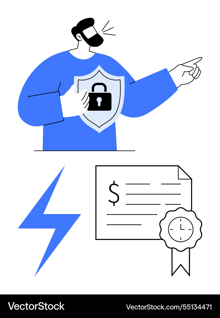 Man holding security shield pointing forward Man holding security shield pointing forward vector image