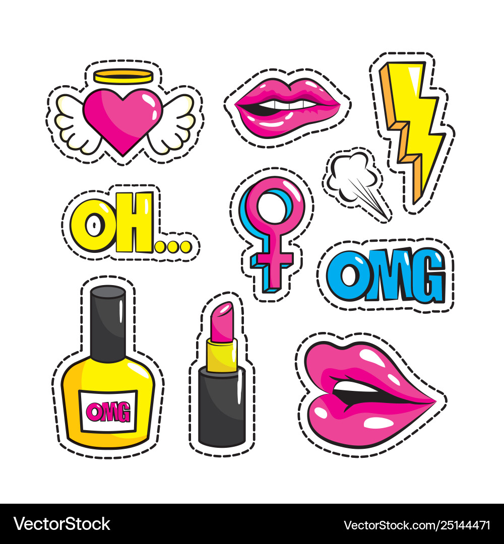 Set creative pop art patch with messages vector image