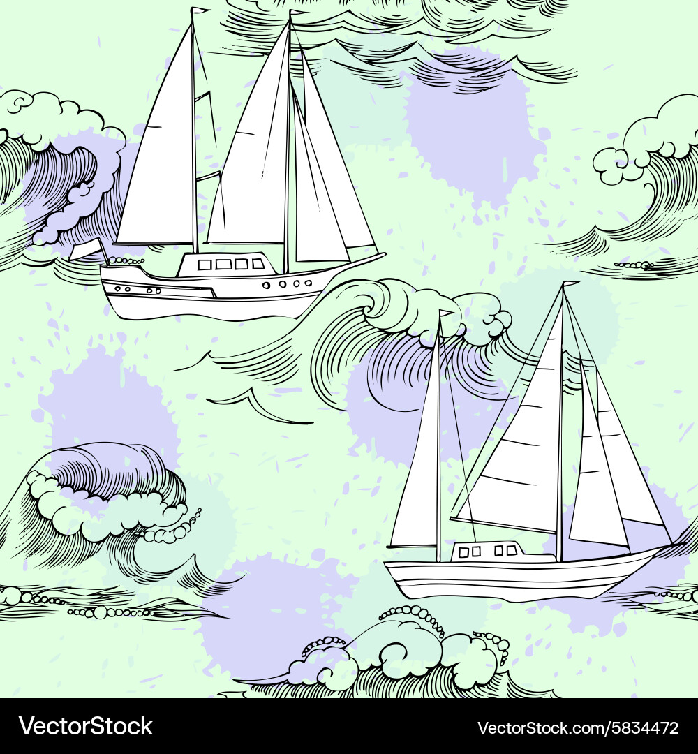 Seamless pattern with waves and ships-03 vector image