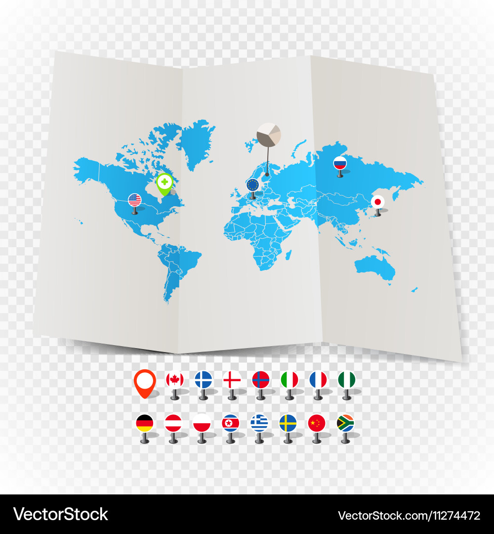 World map on old and flags of different vector image