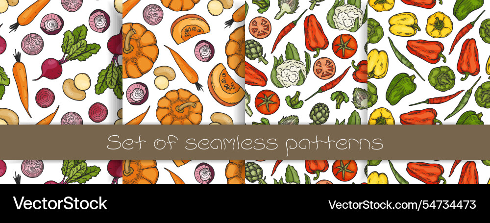 Set of seamless patterns with different vegetables Set of seamless patterns with different vegetables Vector Image