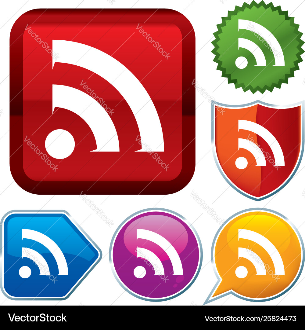 Set shiny icon series on buttons rss sign vector image