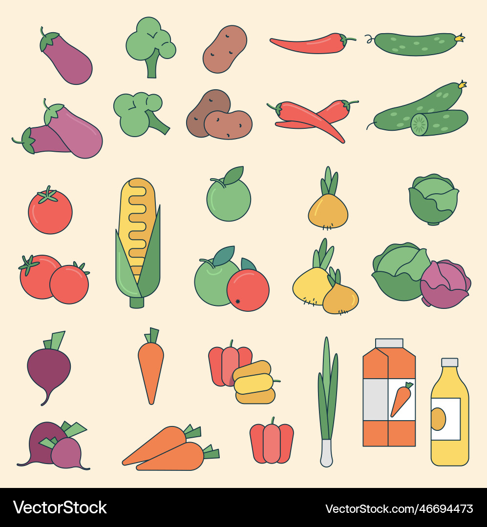 Vegetable thin line color design element set Vector Image