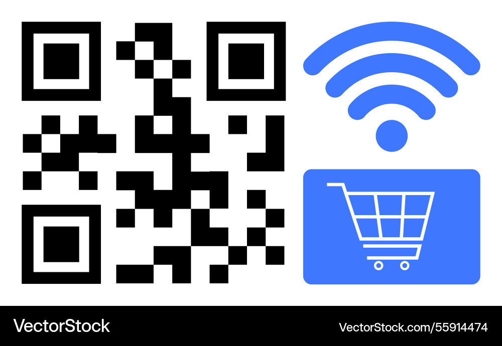 Qr code with wireless signal and shopping cart Qr code with wireless signal and shopping cart vector image