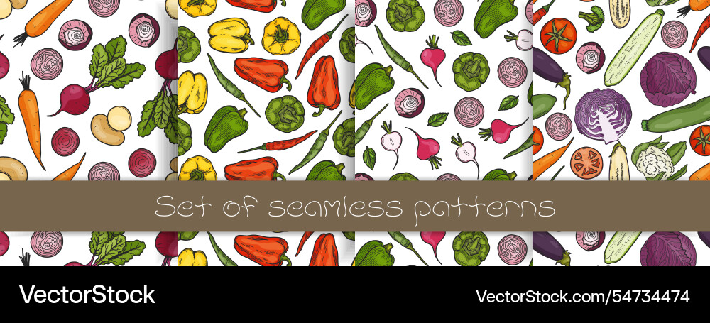 Set of seamless patterns with different vegetables Vector Image
