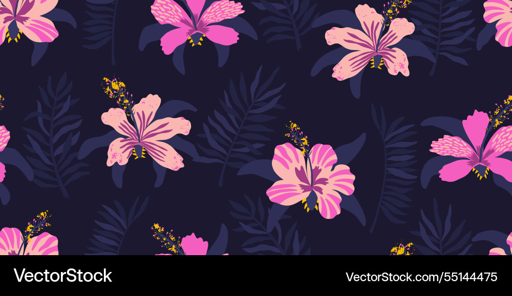 Hibiscus and banana leaf seamless pattern on dark Hibiscus and banana leaf seamless pattern on dark Vector Image