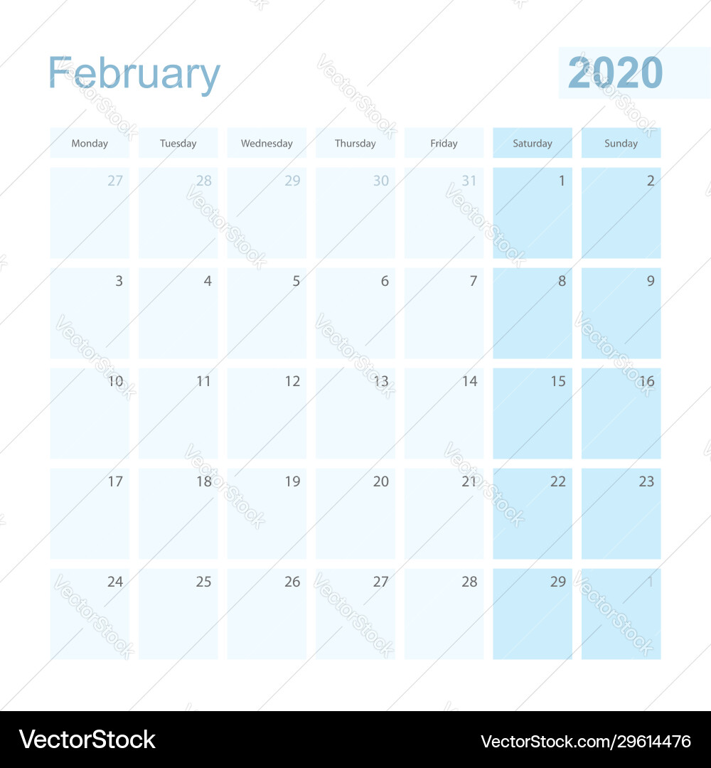 2020 february wall planner in blue pastel color Vector Image