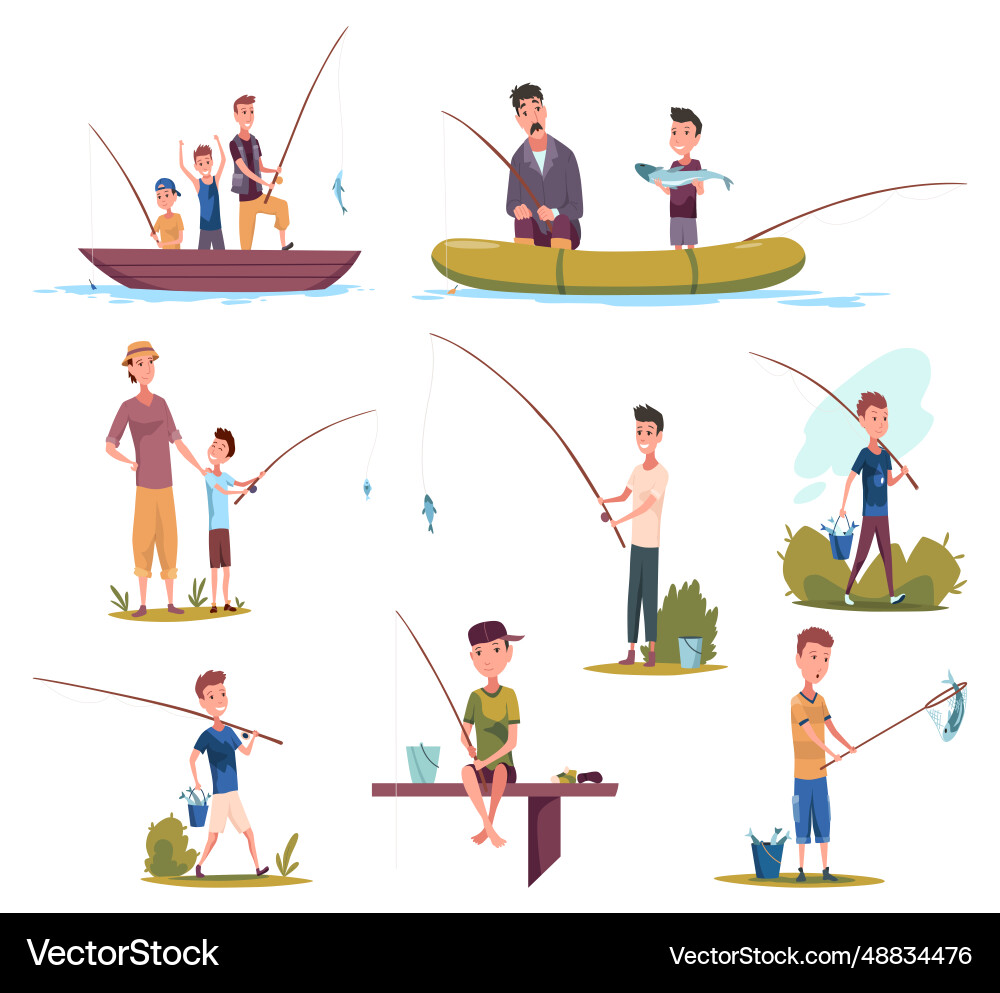 Children fishing icon set happy boy child holding Children fishing icon set happy boy child holding vector image