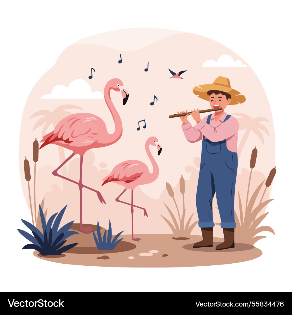 Man playing flute to flamingos in a relaxing Man playing flute to flamingos in a relaxing Vector Image