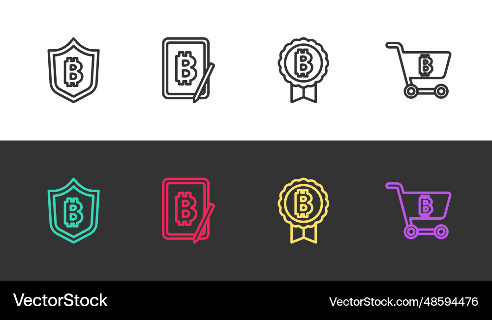 Set line shield with bitcoin mining from tablet Set line shield with bitcoin mining from tablet vector image