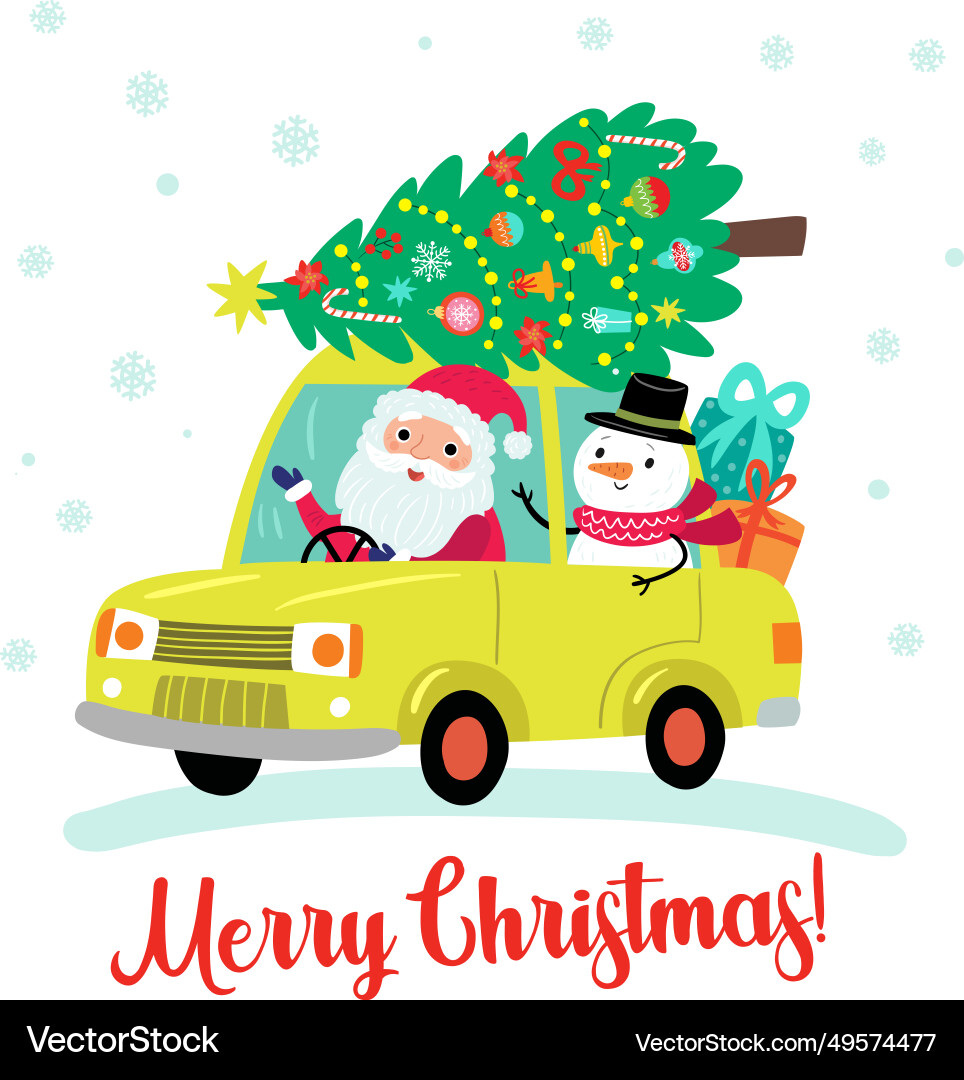 Christmas card with santa and snowman on car Vector Image