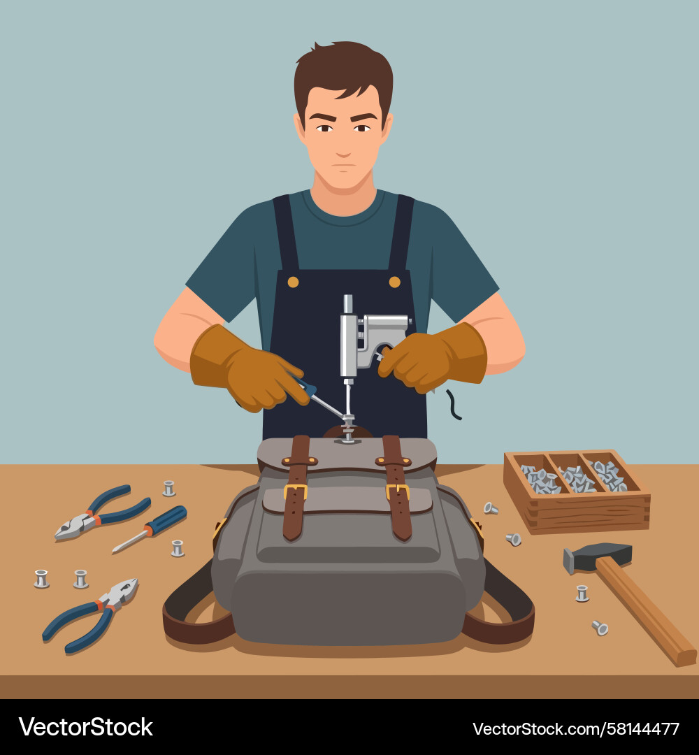 Man Fixing Gray Backpack with Tools Vector Image