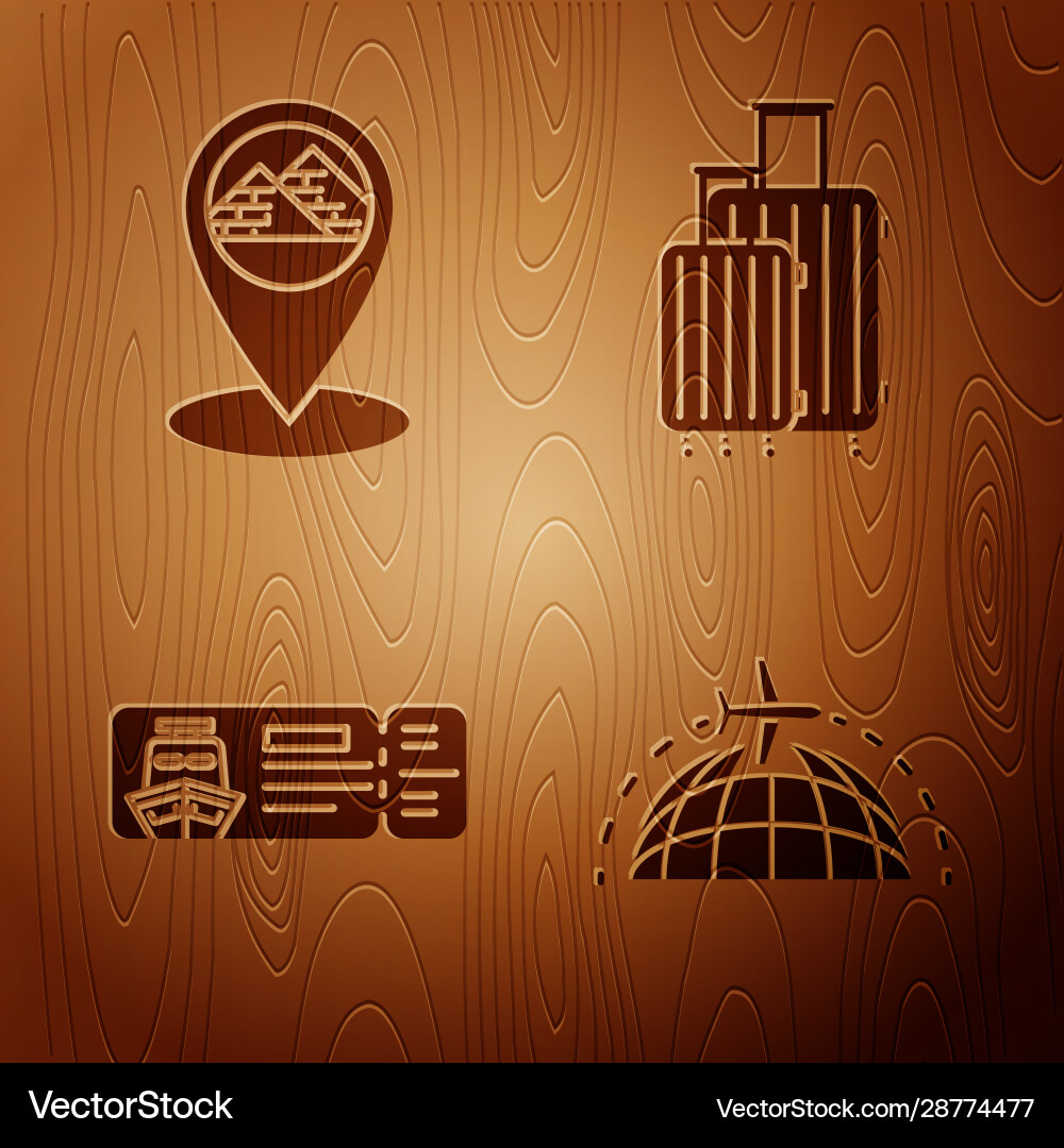 Set globe with flying plane map pointer Vector Image