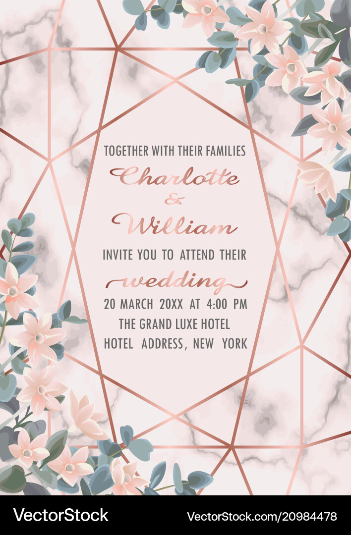 Wedding invitation with eucalyptus and flowers Wedding invitation with eucalyptus and flowers Vector Image