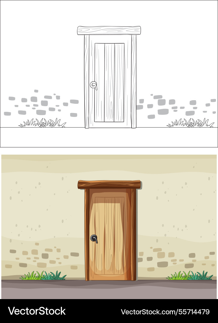 A wooden door with stone wall background A wooden door with stone wall background vector image