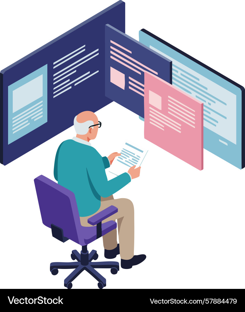 Senior man working on computer with multiple vector image