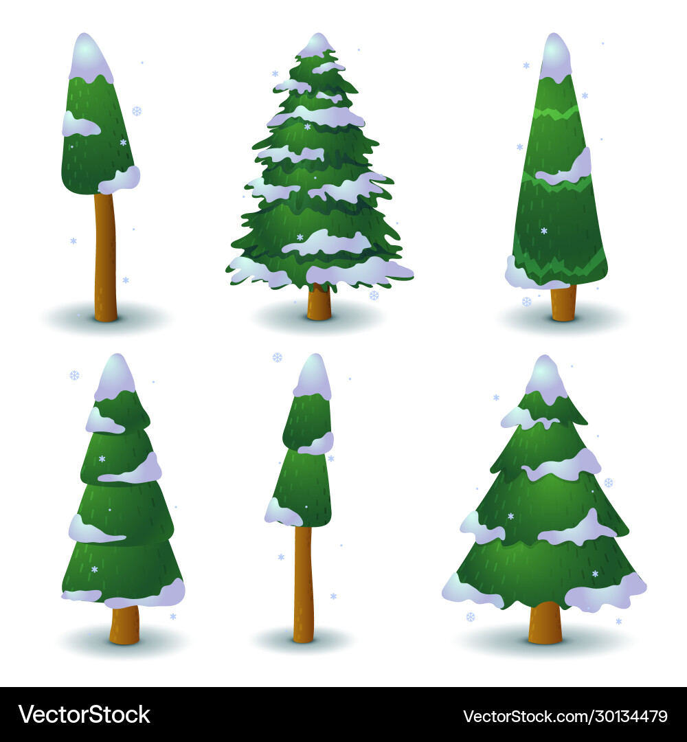 Set green snowy coniferous tree game ui flat vector image