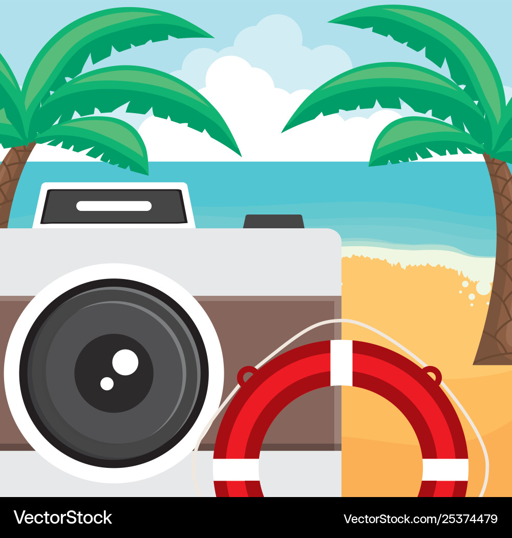 Trees palms beach scene with camera and float Vector Image