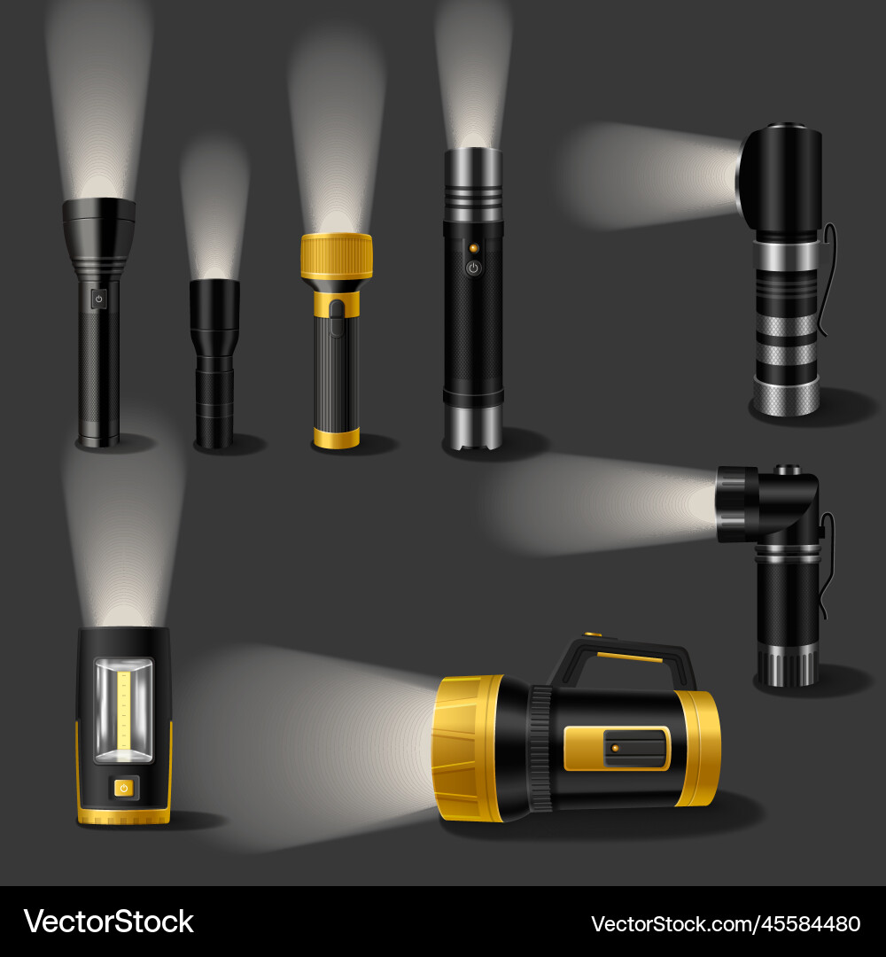 Handheld flashlights realistic set Handheld flashlights realistic set Vector Image