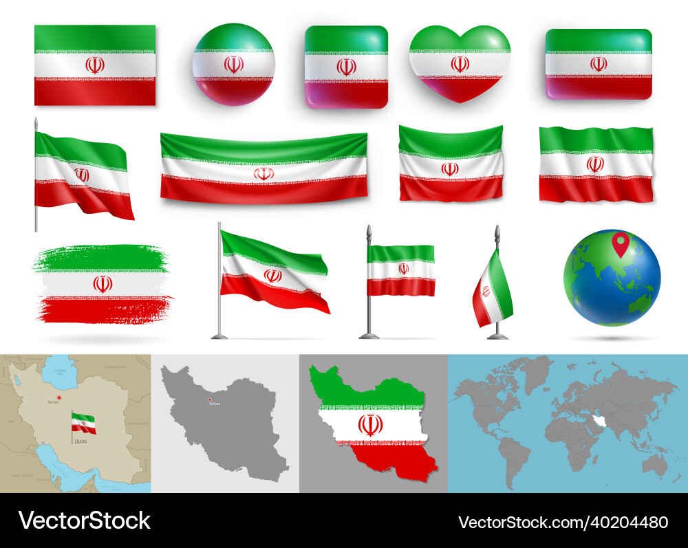 Iran flags of various shapes and geographic map Vector Image
